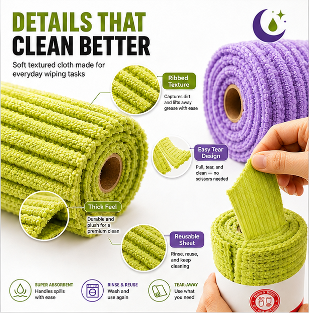 Multipurpose Reusable Tear-Off Cleaning Cloth Roll